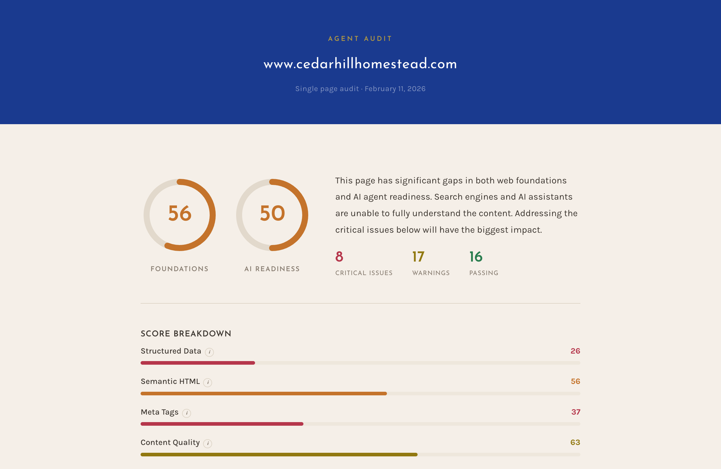 Agent Audit report showing Foundations score of 56 and AI Readiness score of 50 for a Shopify store